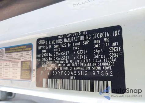 2017 Kia Sorento 3.3L Lx из США, поврежденный, VIN 5XYPGDA55HG197362